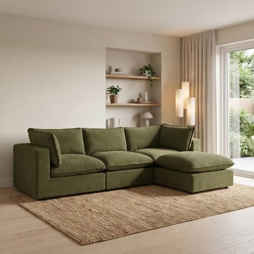 Furnitureboxuk Echo Linen-Look Fabric 3 Seater Modular Chaise Sofa In Green