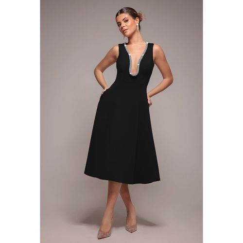 Goddiva Diamante Embellished Neck A-Line Midi Dress - Black