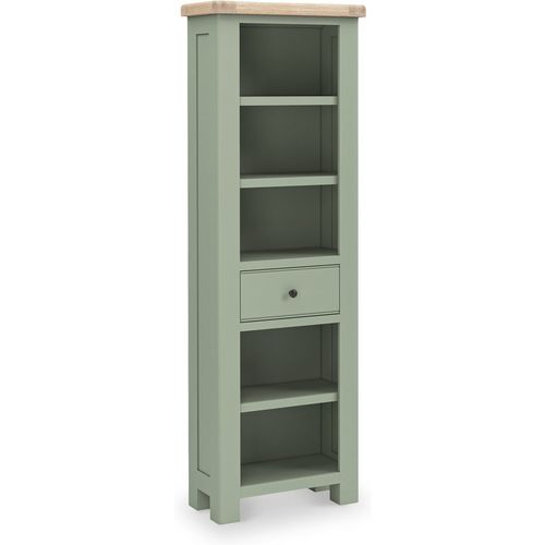 Penzance Slim Bookcase with Drawer | Grey / Sage Green | Roseland