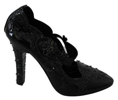 Dolce & Gabbana Black Floral Crystal CINDERELLA Heels Women's Shoe