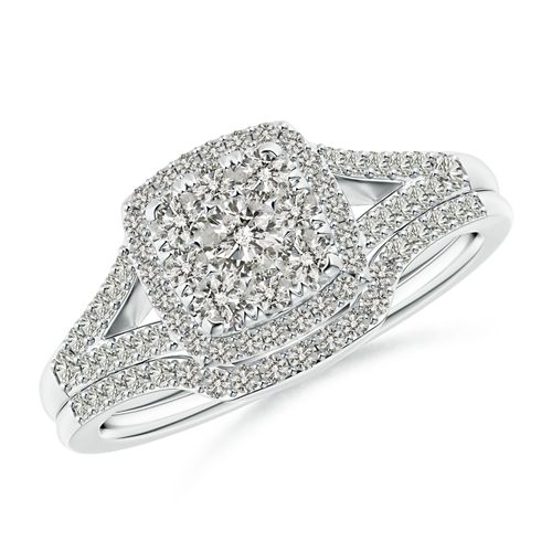 Angara 0.87 Carat Cushion Composite Diamond Halo Split Shank Bridal Set in Platinum