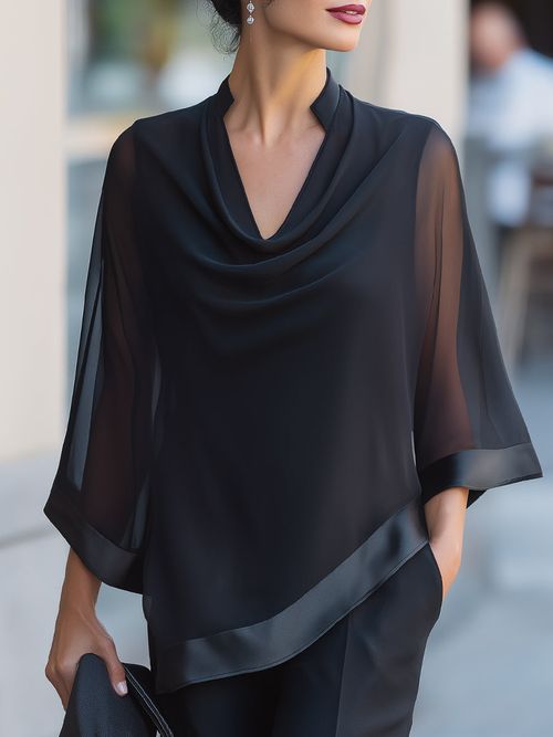 Sheer Flared Sleeve Cowl Neck Blouse With Satin Trim - Black