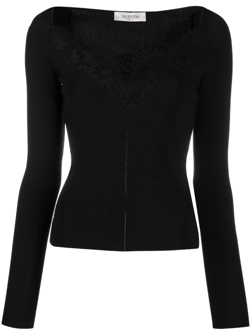 Lace-Trim Fitted Blouse — Black