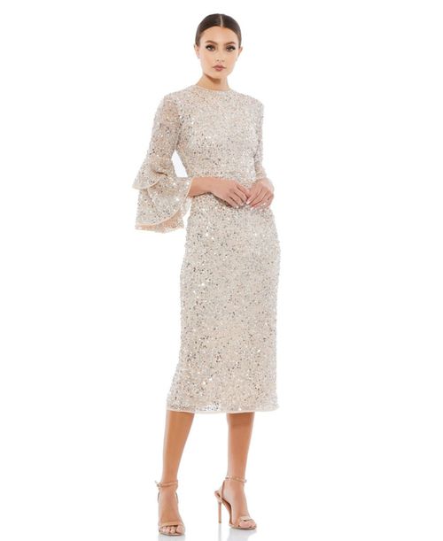 Women's Fully Sequined Ruffle Tiered 3/4 Sleeve Midi Dress - Nude