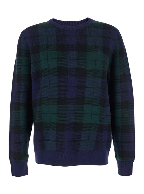 Blue Crewneck Sweater With Pony Embroidery On The Front And All-over Check Motif In Wool Man