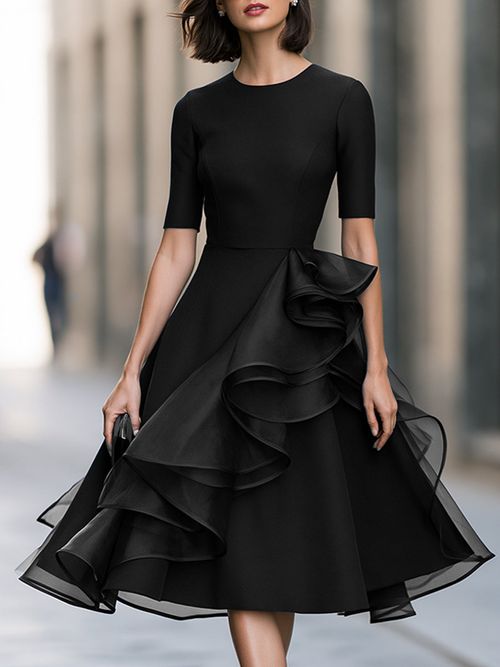 Asymmetrical Ruffle A-Line Midi Dress - Black