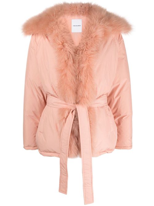 Shearling-trim belted down jacket - Pink