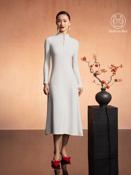 Mandarin Collar Frog Button Midi Brami Dress Limited Edition - Off White