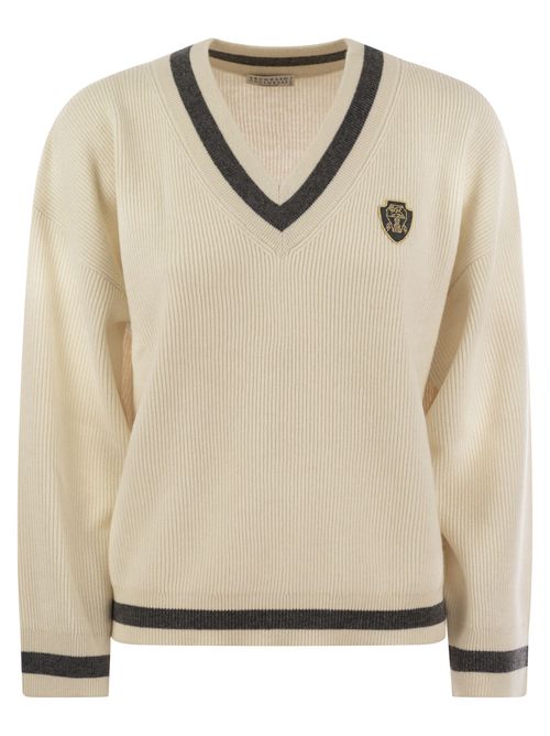 Ribbed Cashmere Sweater With Contrasting Stripe
