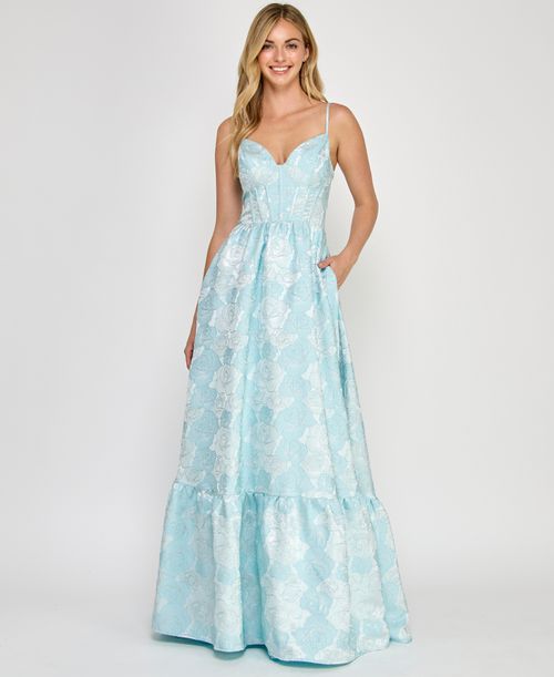Juniors' Sleeveless Brocade Corset Gown - Blue Silver