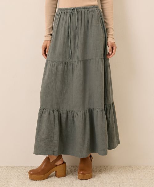 Women's Castor Green Coastal Double Gauze Tiered Maxi Skirt