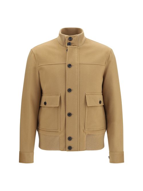 Merino Wool Blend with Ribbed Trims Jacket — Beige