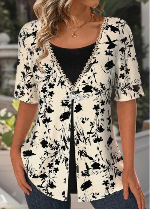 Modlily Light Camel Lace Floral Print Fake Two Piece Twinset
