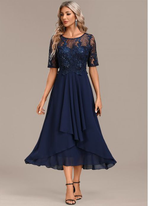 Modlily Navy Lace Short Sleeve Round Neck Dress Wedding Guest Dre