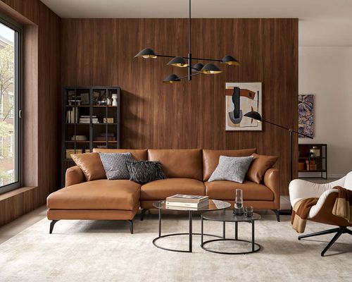 Lena Leather Chaise Sectional Sofa, Left Facing, American Top Grain Leather, Brown, Matte Black Legs