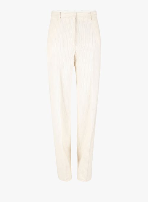 Striped Cotton and Paper Yarn Trousers — Beige
