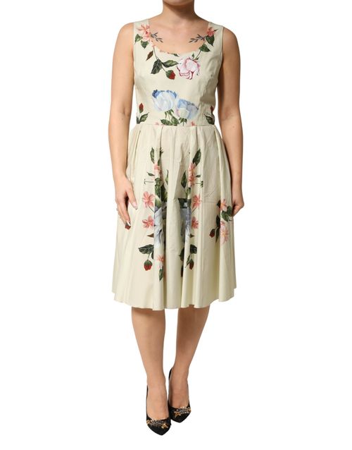 Floral-Print Cotton A-Line Dress — Beige