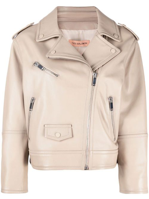 Zip-up leather biker jacket - Neutrals