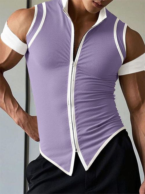 Mens Knit Contrast Zip Short-Sleeve T-Shirt SKUL00019 - Purple / S