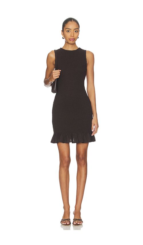Onia Air Linen Smocked Boatneck Dress in Brown. L. Also in