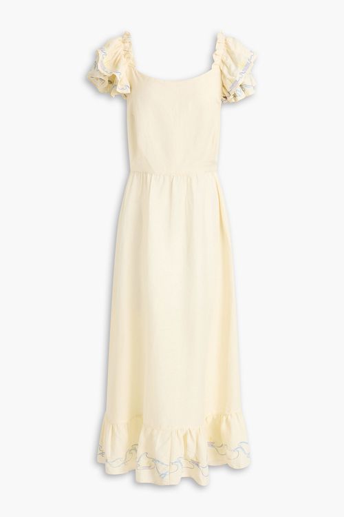 Ruffled embroidered linen-blend maxi dress - Yellow - XS