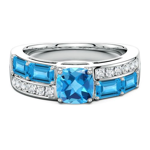 Lee Harris x Angara 2.75 CTW Cushion Swiss Blue Topaz Modern Art Deco Inspired Double Side Stone Shank Ring in Platinum