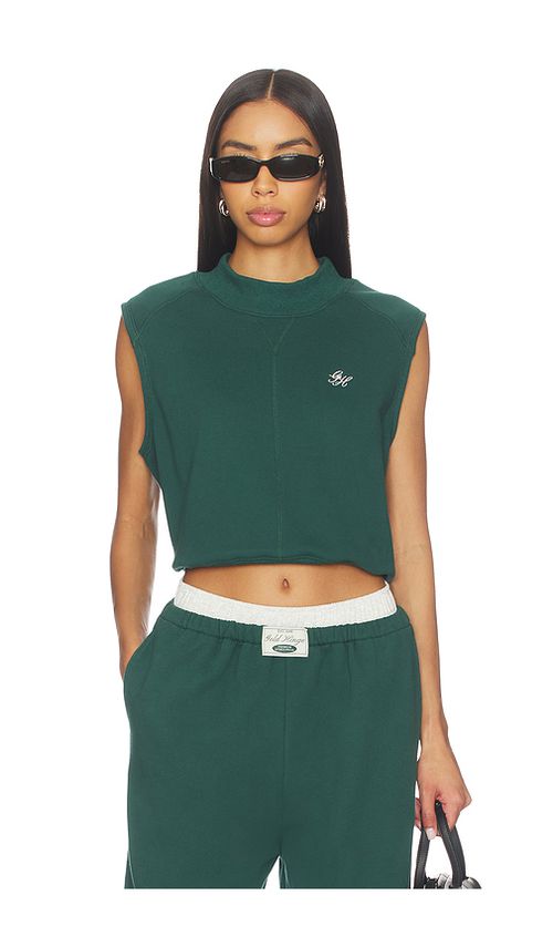 Gold Hinge Mock Neck Sleeveless Top in Dark Green. M. Also in L, S