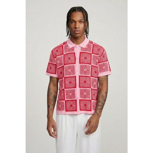 BoohooMAN Mens Relaxed Crochet Tapestry Knitted Shirt - Pink Cotton - X-Sma