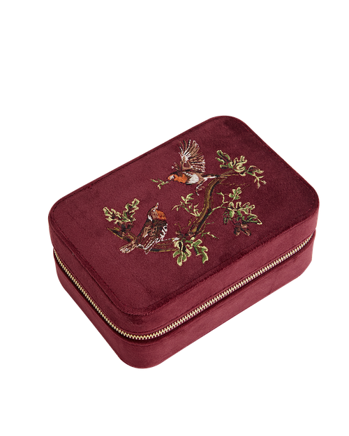 Fable England Robin Love Embroidered Large Jewelry Box Redcurrant Velvet | Women's Jewelry Box