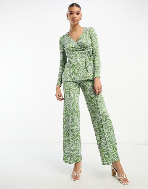 High waist zebra print wide leg pants in green - part of a set