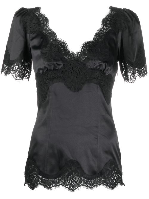 Lace-trim satin top - Black