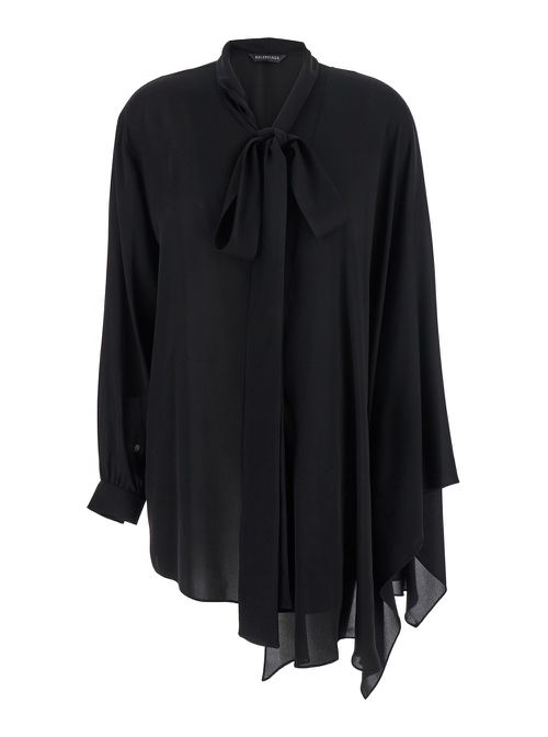 Black Blouse With Pussybow Collar And Asymmetric Design In Silk Woman