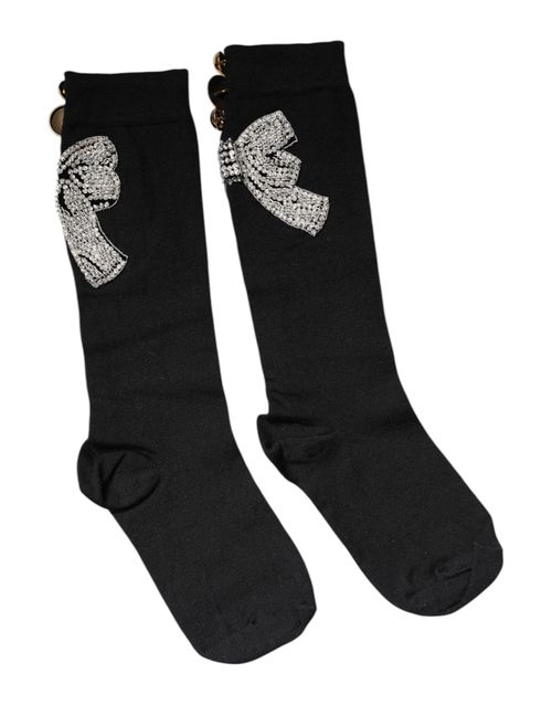 Black Knit Floral Crystal Embellishment Socks Virgin Wool Nylon Elastane Clothing