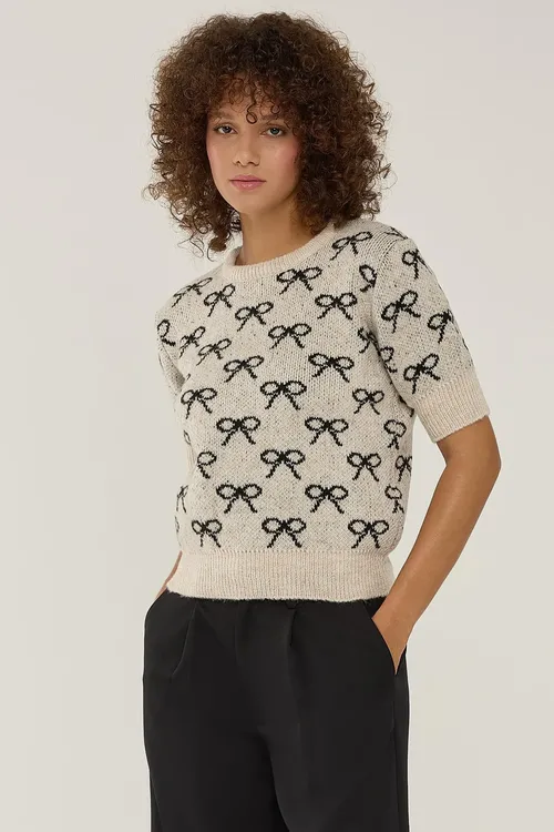 Multicolor Bow Patterned Short Sleeve Sweater Women