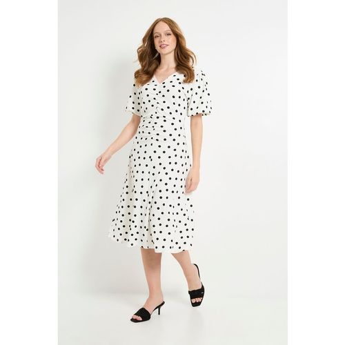 Wallis Womens Spot Jersey Ruched Puff Sleeve Midi Dress - White
