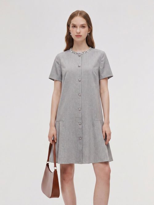 Tencel Linen Blend Sequined Round Neck Women Mini Dress