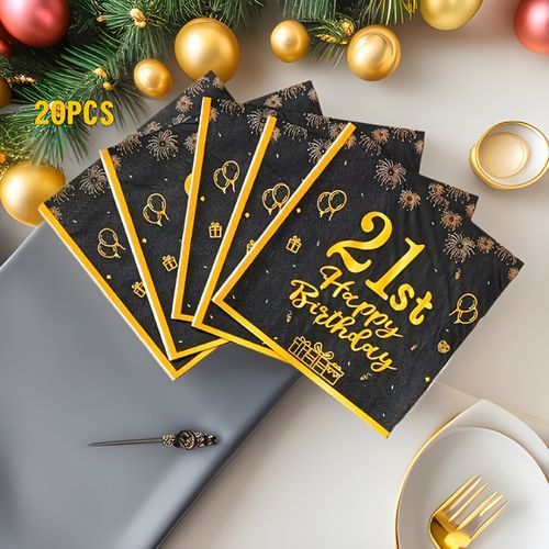 TEMU 20pcs Birthday Napkins - Black & Golden Elegant Design With Balloons & Stars, Double Layer Wood Napkins 13x13 Inch For Weddings, Partie