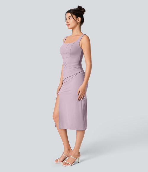 SoftlyZero™ Airy Square Neck Backless Corset Ruched Split Bodycon Midi Cool Touch Bridesmaid and Wedding Guest Dress Casual Dress - Pink Purple