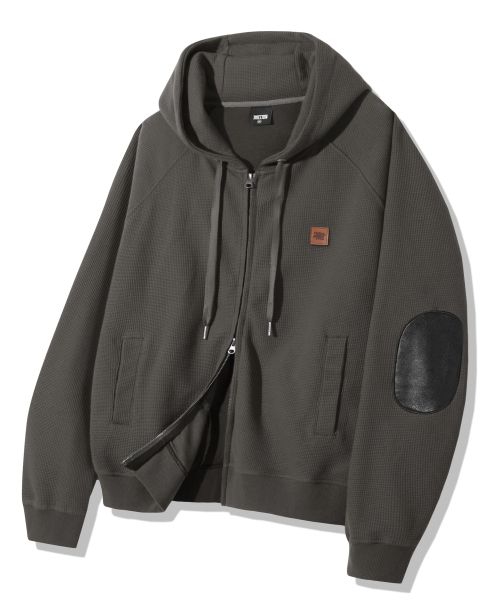 Leather Patch Waffle Hooded Zip-Up_Charcoal