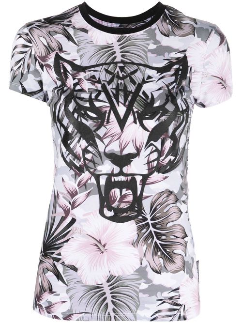 Tiger-print floral T-shirt - White