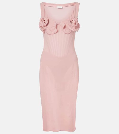 Floral-appliqué silk-blend bustier dress