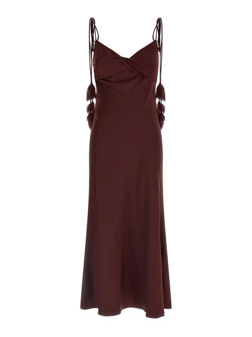 Burgundy Satin Flower Midi Dress