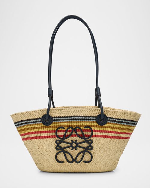 Small Anagram Striped Basket Tote Bag in Raffia