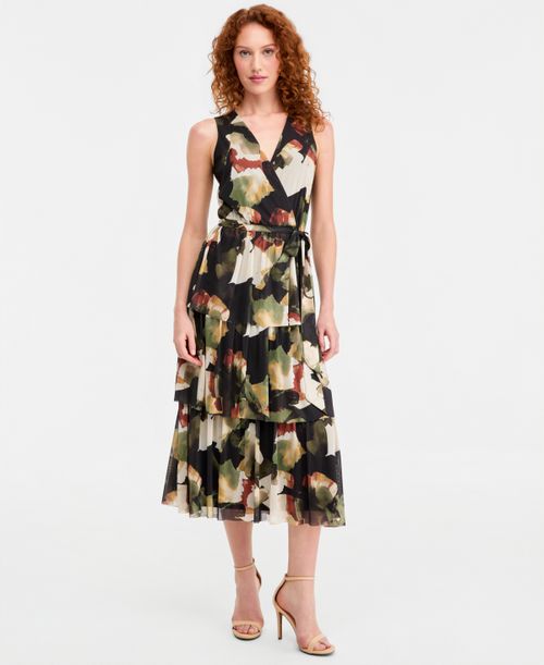 Women's Faux-Wrap Tiered Dress - Bay Leaf Multi