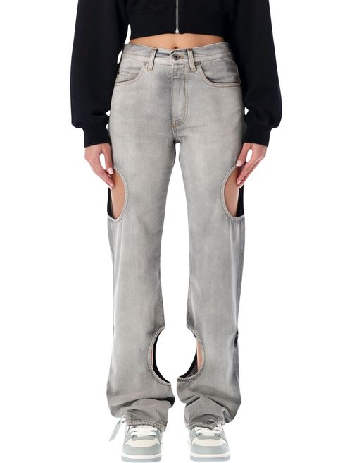 Cotton Denim Jeans with Thigh & Calf Cut-Outs, Five-Pocket Straight-Leg Fit