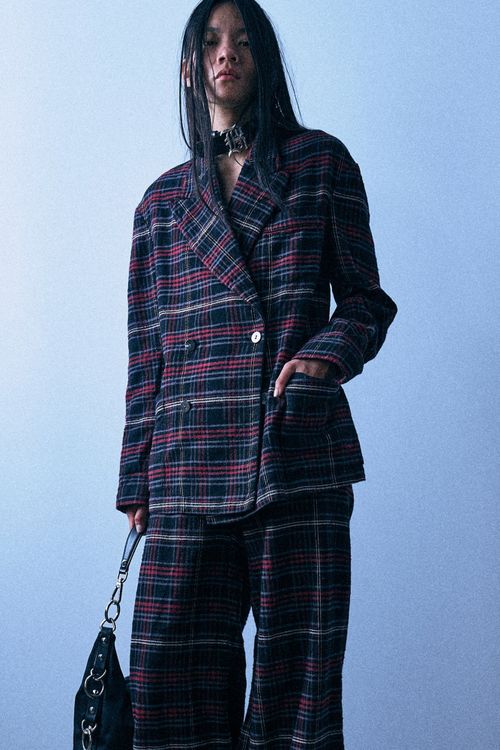 R13 Double Breasted Peak Lapel Ragged Blazer With Piping - Black Red Plaid