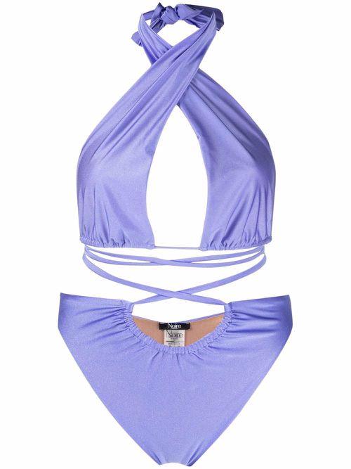 Lattice-strap halterneck swimsuit - Blue