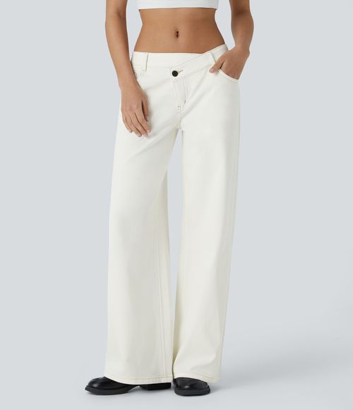 Flex™ Asymmetric Low Rise Zipper Pockets Baggy Wide Leg Washed Casual Jeans  - Beige Denim
