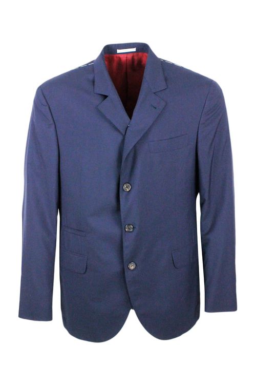 3-button Jacket Unlined In Fresh Wool Canvas. The Buttons Are In Brown Horn