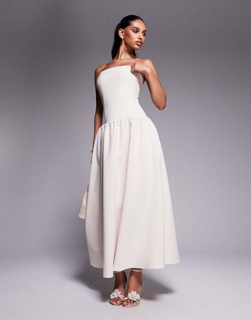 Exclusive structured bandeau drop waist gathered skirt maxi dress in cream-White